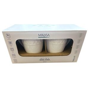 Mikasa Trellis White Bone China Mugs Set of 4 Chip Resistant 16 Oz Coffee Cups